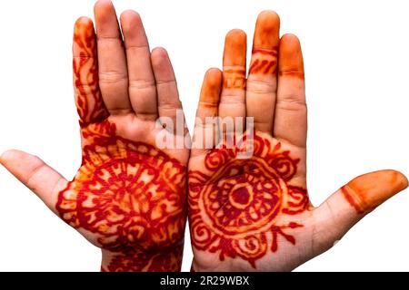 Mehndi Master malt Henna-Tattoo auf weiblicher Hand isoliert auf weißem Hintergrund mit Beschneidungspfad und Kopierbereich Stockfoto