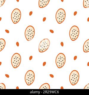 Farbenfrohe Drachenfrucht, nahtloses Muster mit Samen. Darstellung tropischer Früchte im Cartoon-Stil. Stock Vektor