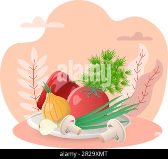 Gemüseabbildung. Zwiebel, Grün, Tomate, Pfeffer, Pilze. Bearbeitbares Vektorgrafikdesign. Stock Vektor