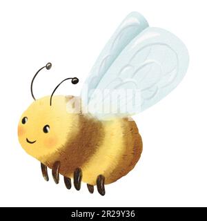 Lustige, süße schwarze und gelbe Biene mit ihren Flügeln. Hummel, Honigbiene, handgemalt, isolierte Illustration. Handgezeichneter digitaler Aquarellstil. Element Stockfoto