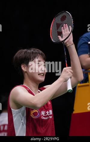 Suzhou, Chinas Provinz Jiangsu. 18. Mai 2023. Chen Yufei aus China feiert nach dem Sieg des Frauenspiels gegen Line Christophersen aus Dänemark der Gruppe A zwischen China und Dänemark beim BWF Sudirman Cup in Suzhou, Provinz Jiangsu in Ostchina, am 18. Mai 2023. Kredit: Li Bo/Xinhua/Alamy Live News Stockfoto