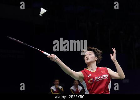 Suzhou, Chinas Provinz Jiangsu. 18. Mai 2023. Chen Yufei aus China tritt während des Frauenspiels gegen Line Christophersen aus Dänemark der Gruppe A zwischen China und Dänemark beim BWF Sudirman Cup in Suzhou, Provinz Jiangsu in Ostchina, am 18. Mai 2023 an. Kredit: Jia Haocheng/Xinhua/Alamy Live News Stockfoto
