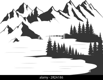 Bergsee Wald Kiefern Vektordarstellung. Stock Vektor