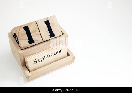 Ewiger Kalender aus Holz, der den 11. September zeigt Stockfoto