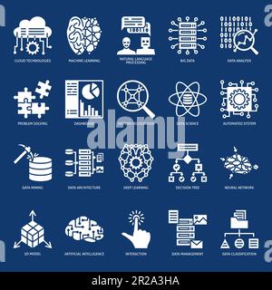 Symbole für maschinelles Lernen im Glyphe-Stil. Künstliche Intelligenz, datenwissenschaftliche Symbole. Vektordarstellung. Stock Vektor
