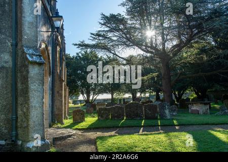 Seitlicher Blick auf die Holy Trinity Church, Cold Ashton, Großbritannien, entlang des öffentlichen Fußwegs Cotswold Way mit Sonne, die durch die Bäume scheint und lange Schatten schafft Stockfoto