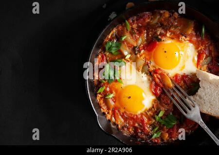 Eier pochiert in pikanter Tomaten-Pfeffer-Sauce Stockfoto