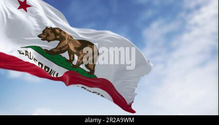 Die kalifornische Staatsflagge winkt an klaren Tagen. Die kalifornische Flagge ist auch die Bärenflagge. Rendern der 3D-Darstellung. Geriffelter Stoff. Strukturierter Hintergrund. Auswählen Stockfoto