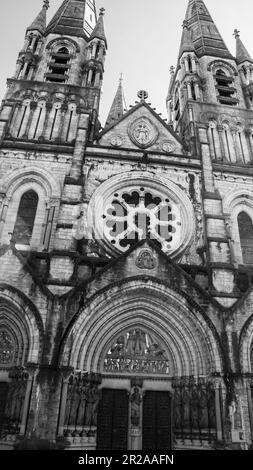 Die Fassade der anglikanischen Kathedrale von Saint Fin Barre in Cork, Irland. Schwarzweißbild. Schwarzweiß. Stockfoto