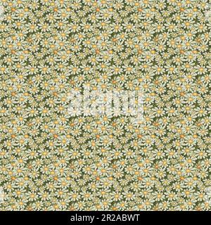Nahtloses Blumenmuster – weiße und gelbe Gänseblümchen, Blumenelemente, Äste grüner Blätter auf dunkelgrünem Hintergrund; für Stoffdruck, für wr Stockfoto