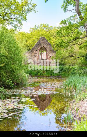 Die Ruinen der normannischen Kapelle aus dem 12. Jahrhundert spiegeln sich im Graben des Lower Brockhampton Manor House in der Nähe von Bromyard, Herefordshire, England, wider Stockfoto