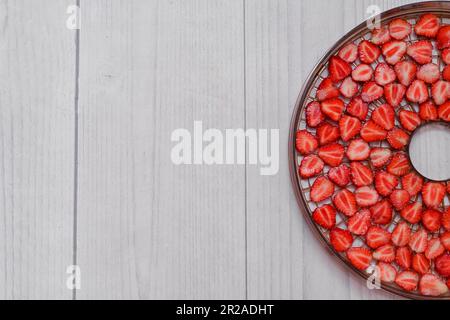 In der Ablage der Trocknermaschine liegt Erdbeere Stockfoto