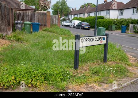 Harrow council nimmt im Mai 2023 an NO MOW MAY, einer Plantlife-Initiative, Teil. Hier ist Coppice Close im Londoner Bezirk HA7 Stanmore Harrow Stockfoto