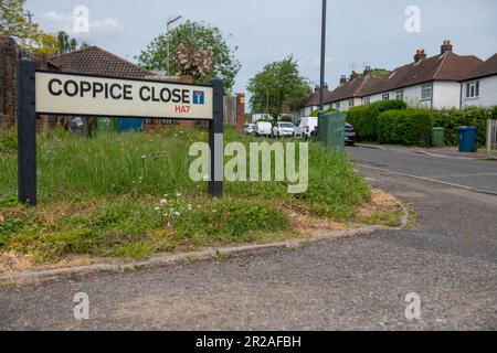 Harrow council nimmt im Mai 2023 an NO MOW MAY, einer Plantlife-Initiative, Teil. Hier ist Coppice Close im Londoner Bezirk HA7 Stanmore Harrow Stockfoto