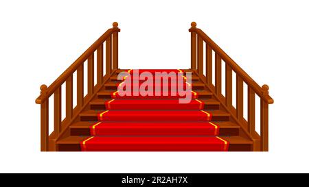 Schloss und Palasttreppe. Hölzerne Treppe mit rotem Teppich aus mittelalterlichem Königshaus, Fantasie und märchenhaftem Gebäude, Innenvektorelement. Treppe aus Cartoon-Holz oder Treppe mit Geländern und Balustraden Stock Vektor