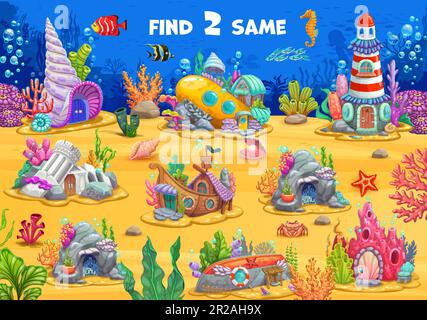 Finde zwei gleiche Märchen Unterwasserhäuser Kinder Spielrätsel. Meeresboden-Vektor Hintergrund des Quiz-Arbeitsblatts mit Cartoon unter Wasser Weltschiff, Muschel, Leuchtturm und Korallengebäude Stock Vektor