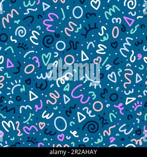 Farbenfrohes nahtloses 90s-Muster. Kinderhintergrund, minimalistische Tapete mit grundlegenden Formen und Linien kritzeln. Vektor-Kritzelhintergrund Stock Vektor