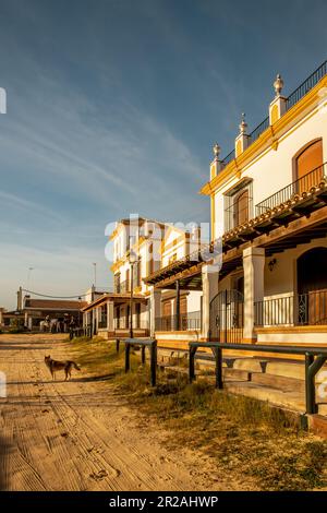 Blick auf die typische Architektur und die sandigen Straßen in der Stadt El Rocio Stockfoto
