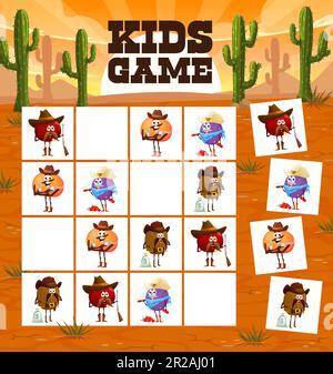 Sudoku spielt Cartoon-Frucht-Cowboy, Ranger, Sheriff und Räuber-Figuren. Kinderrätsel mit Pflaumen, Mandarinen und westlichen Kiwis an Bord. Kinderarbeit, Teaser-Freizeit, Boardgame Stock Vektor