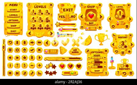 Oberfläche der Spiel-App, GUI-Element und Schaltflächen. Maasdam und gauda Käsemenü und Sliders. Schaltflächen für Mobilspiele oder Computerspiele, Spielautomaten-UI-Vektor-Slid Stock Vektor