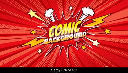 Roter Pop-Art-Comic-Hintergrund mit Halbton-Comics-Blase. Cartoon-Vektorexplosionsballon. Popart-Poster im Retro-Stil, Comics-Stil, mit explodierenden Wolken, Lichtblitzen, Sternen und Strahlen Stock Vektor