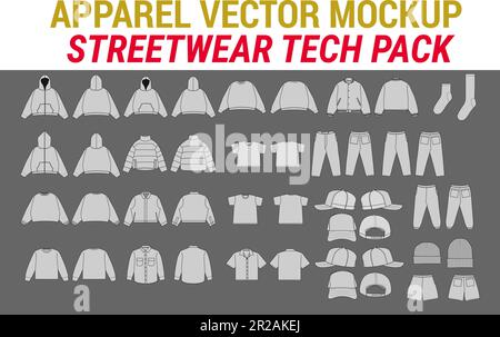 Streetwear Vector Mockup Pack Vector Apparel Mockup Collection Fashion Illustrator Vector Tech Pack Herren-T-Shirt Trucker Hoodie Joggingjacke Shorts Stock Vektor