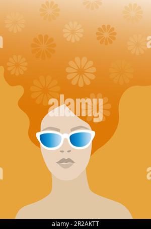 Eine Frau mit Sonnenbrille und Blumen im Haar. Hippie-Retro-Style. Stock Vektor