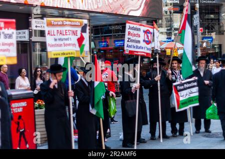 Orthodoxe jüdische Mitglieder des antizionistischen Neturei Karta schließen sich den Palästinensern und ihren Anhängern an, die gegen ihre Behandlung durch die israelische Regierung protestieren und den Nakba-Tag am Sonntag, den 14. Mai 2023, am Times Square in New York feiern. (© Richard B. Levine) Stockfoto