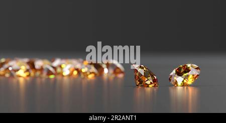 Runder Topaz-Edelstein aus Diamant auf dunklem reflektierendem Hintergrund. 3D-Rendering mit Weichzeichner Stockfoto