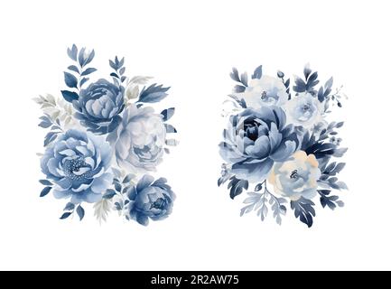 Aquarell Marineblau Blumenset, Vintage Vektorblütenkollektion. Stock Vektor