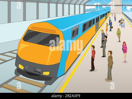 Cartoon-Illustration von Menschen, die am Bahnhof warten. Massentransporte, Transport, urbanes Thema Stock Vektor
