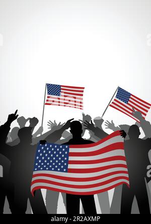 Silhouette der Menge der Menschen, die jubeln, während sie die Flagge Amerikas halten Stock Vektor