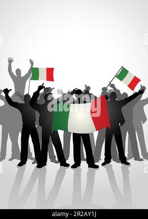 Silhouette der Menge der Menschen, die jubeln, während sie die Flagge Italiens halten Stock Vektor