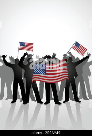 Silhouette der Menge der Menschen, die jubeln, während sie die Flagge Amerikas halten Stock Vektor