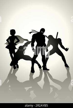 Silhouettendarstellung von Superhelden in unterschiedlicher Pose Stock Vektor