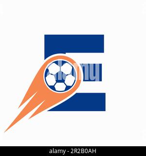 Buchstabe E Fußballlogo mit beweglicher Fußballkultur. Fußball-Logo-Vorlage Stock Vektor