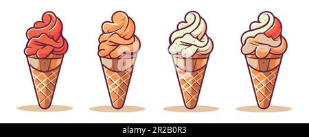 Eis in Waffelform auf weißem Hintergrund. Satz von Vektorsymbolen für den flachen Umriss. Stock Vektor