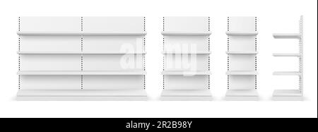 Regal des Supermarkts. Weiße Regale und Regale für Einzelhandelswaren. Leeres Schaufenster für Lebensmittel, abgepackte Lebensmittel, Getränke, Snacks, Haushaltsartikel, realistisches 3D-Vektor-Modell Stock Vektor