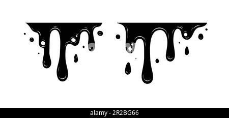Schwarz schmelzende Farbe abstrakte Flüssigkeitsvektorelemente, isoliert auf weißem Hintergrund. Rand- und Tropfensatz. Vektorabbildungen. Stock Vektor