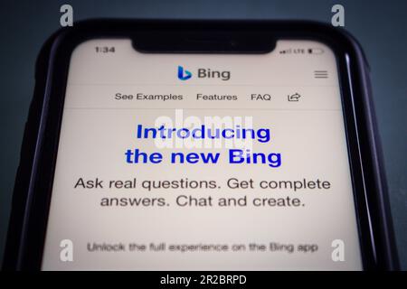 Vancouver, KANADA - Mai 14 2023 : ein Beitrag "The New Bing - Learn More (Introducing the New Bing)" von der Internet-Website der KI-gestützten Suchmaschine Microsoft Bing. Stockfoto