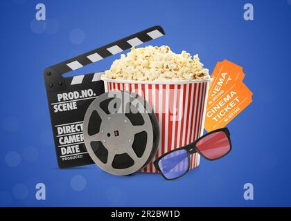 Filmklapper, Tickets, Popcorn, 3D-Brillen und Filmrolle auf blauem Hintergrund. Collage-Design Stockfoto