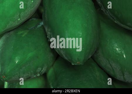 Unreife Papaya-Früchte wachsen auf Bäumen im Freien, Nahaufnahme Stockfoto