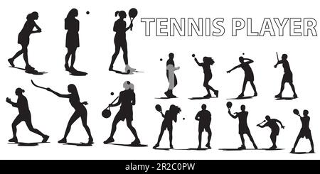 Ein schwarz-weißer Mensch im Tennis-Spiel-Silhouetten-Vektorbild. Stock Vektor