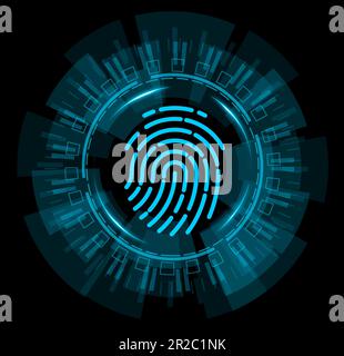 Fingerabdruck-Scantechnologie. Mit blauem hud-Hologramm-Kreis. Biometrisches Sicherheitskonzept. Stockfoto