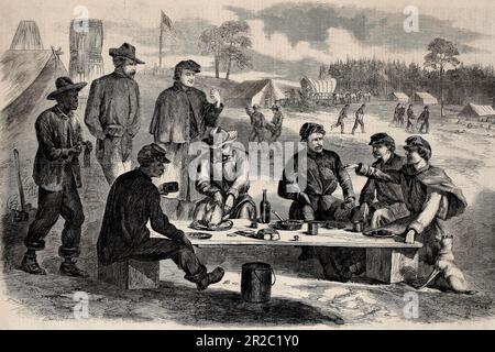 Das Soldaten-Thanksgiving-Dinner im Camp während des Amerikanischen Bürgerkriegs 1864 Stockfoto