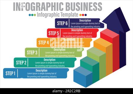 Vorlage für 3D Infografiken für Unternehmen mit 6 STRP oder sechs Optionen. Kreatives Konzept für Infografik. Stock Vektor