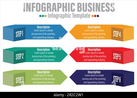 Farbenfrohe 6 Step 6 Punkte und sechs Stufenoptionen, mit sechseckigem Listen-Layout-Diagramm, Vorlage für Infografik-Elemente Stock Vektor