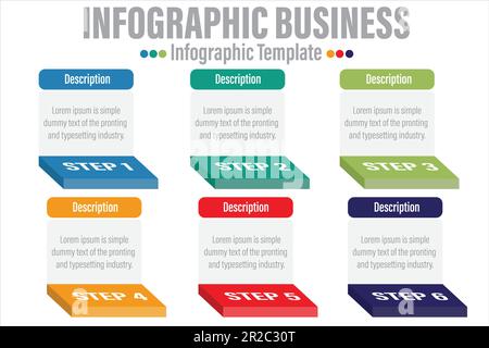 Farbenfrohe Infografik mit Textfeldern. Geschäftskonzept mit 6 Schritten oder Option „sechs“. Stock Vektor