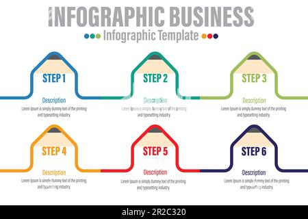 Bleistiftvorlagen für Infografiken mit 6-stufigen oder sechs 6-Optionen für Business Vector Illustration. Stock Vektor