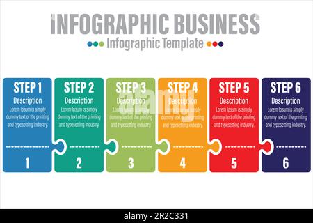 Vector sechs 6 Schritte, sechs 6 Optionen Puzzle Box Messenger-Stil Infografik-Vorlage für Zeitachse. Geschäftskonzept. Stock Vektor